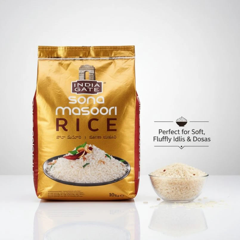 Bag of India Gate Sona Masoori Rice with a bowl of rice on a white background