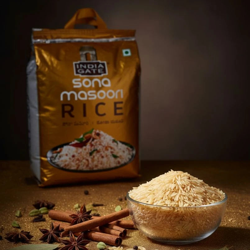 Bag of India Gate Sona Masoon Rice with a bowl of rice and spices on a wooden surface.