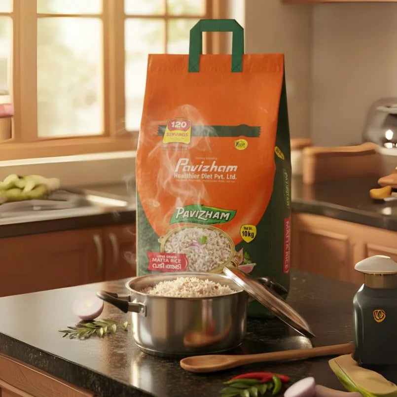 Pavizham rice bag on a kitchen counter with a pot of rice