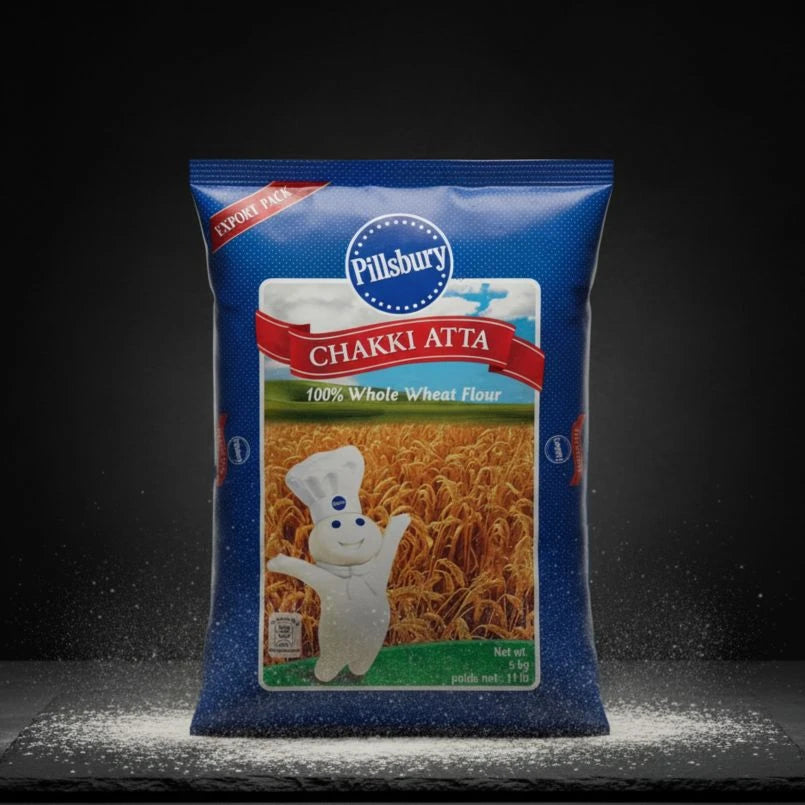 Pillsbury Chakki Atta flour package on a dark background