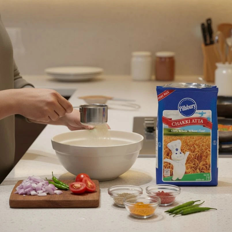 Person measuring flour into a bowl with a box of Pillsbury Chakki Atta on a kitchen counter.