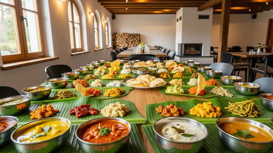 A traditional Onam Sadhya feast served on banana leaves in a German restaurant, featuring curries, rice, papadum, pickles, and side dishes.