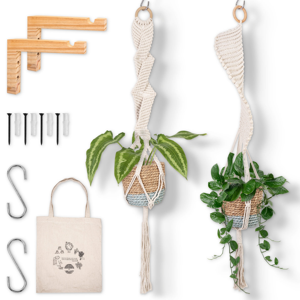 Macrame Hanging Plant Holder Set of 2 Designs, Handwoven Hanging Planter with Wooden Wall Mount, Boho Chic Decorative Hanging Basket 100cm Long, 4mm Macrame Cord