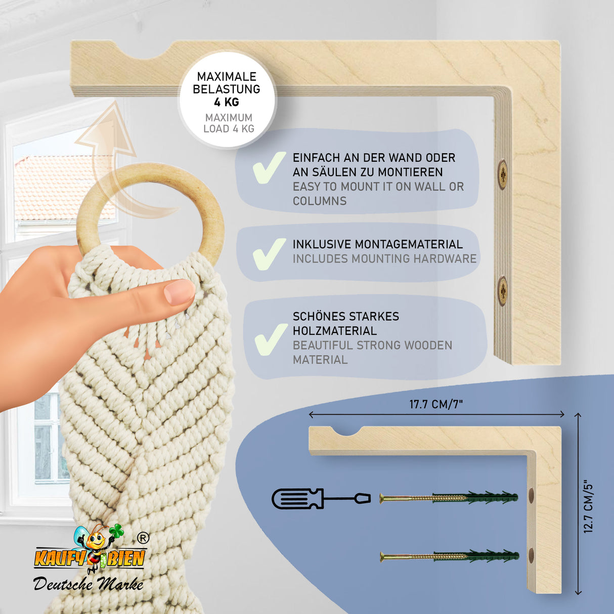 Macrame Hanging Plant Holder Set of 2 Designs, Handwoven Hanging Planter with Wooden Wall Mount, Boho Chic Decorative Hanging Basket 100cm Long, 4mm Macrame Cord
