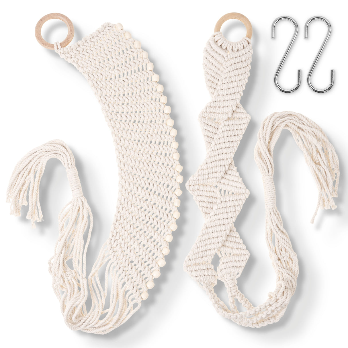 Macrame Hanging Plant Holder Set of 2 Designs, Handwoven Hanging Planter with Wooden Wall Mount, Boho Chic Decorative Hanging Basket 100cm Long, 4mm Macrame Cord