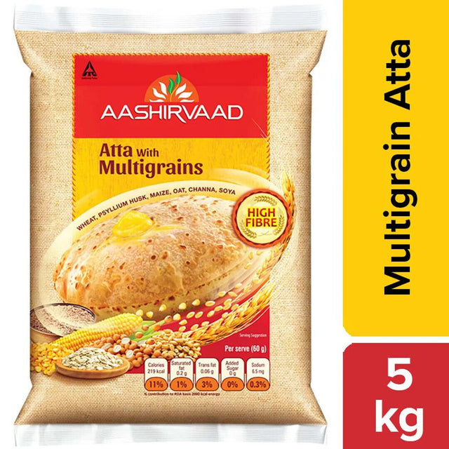 Aashirvaad Atta with Multigrains, a package of whole wheat flour, 5 kg.