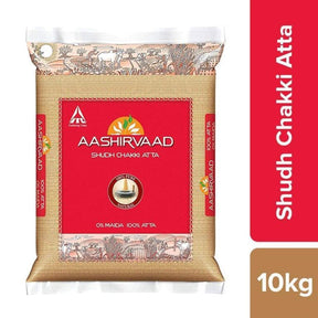 Aashirvaad Whole Wheat Atta packaging, featuring a red and silver design with text and branding, indicating the product weight as 10kg.