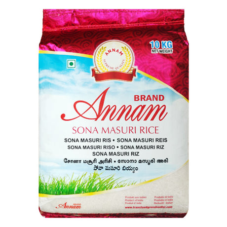A 10kg pack of Annam Sona Masoori Rice, featuring bright packaging with brand logo and product label clearly displayed.