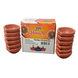 Terracotta diyas with a packaging box featuring text and graphics on a white background
