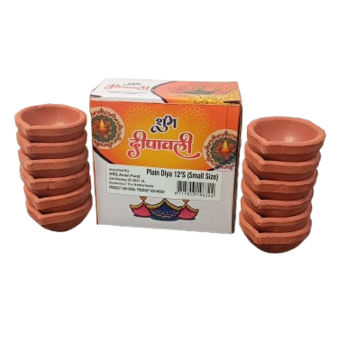 Terracotta diyas with a packaging box featuring text and graphics on a white background