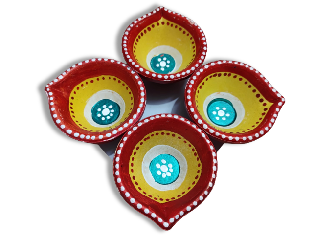 Set of four hand-painted diya (oil lamp) with red, yellow, and blue colors