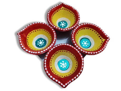 Set of four hand-painted diya (oil lamp) with red, yellow, and blue colors