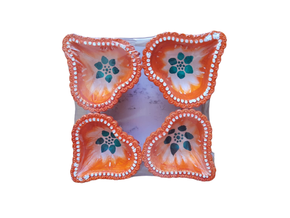 Set of 4 hand-painted candle holders with a floral pattern in orange, blue, and white colors.