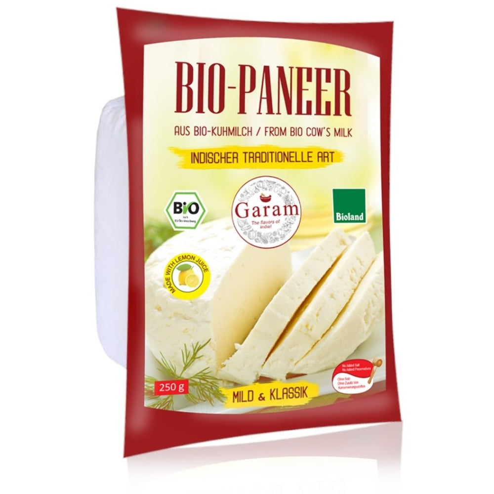 Packaging of Garam Foods Fresh Organic Paneer, showing the product name, brand, weight, and additional certifications.