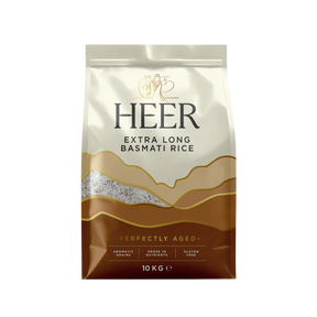 A 10kg bag of Heer Extra Long Basmati Rice with a gold and white color scheme, featuring the brand logo and product name.