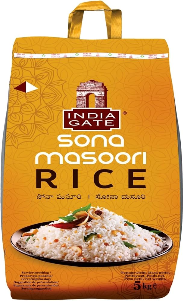 A 5kg packet of India Gate Sona Masoori Rice with bright orange packaging, brand logo, and an image of cooked rice.