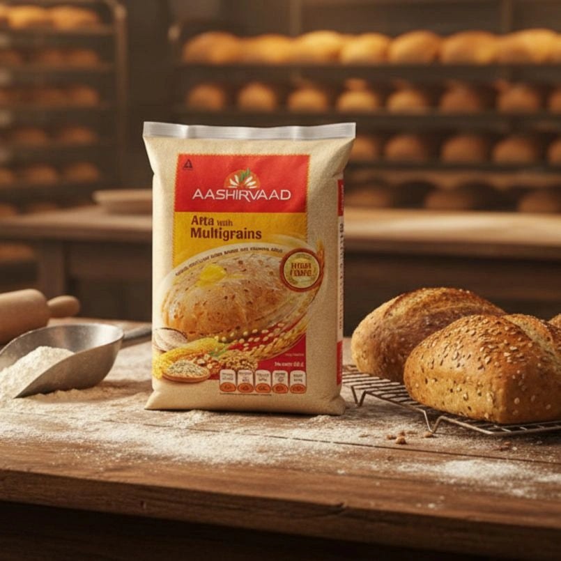 Aashirvaad Atta with Multigrains packaging on a wooden table with bread in the background