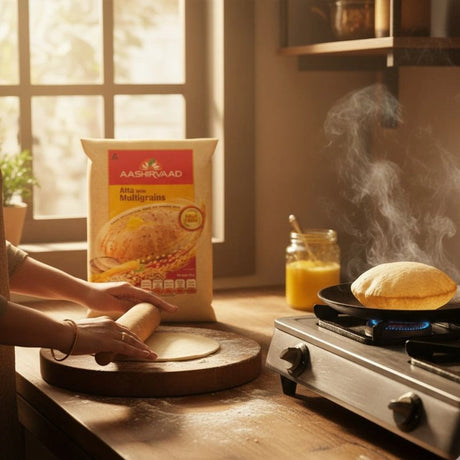 Person making bread with Aashirvaad Atta on a stove with steam rising