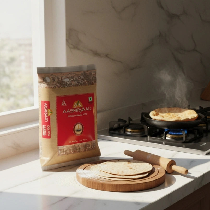 Aashirvaad flour package on a kitchen counter with tortillas and a rolling pin.