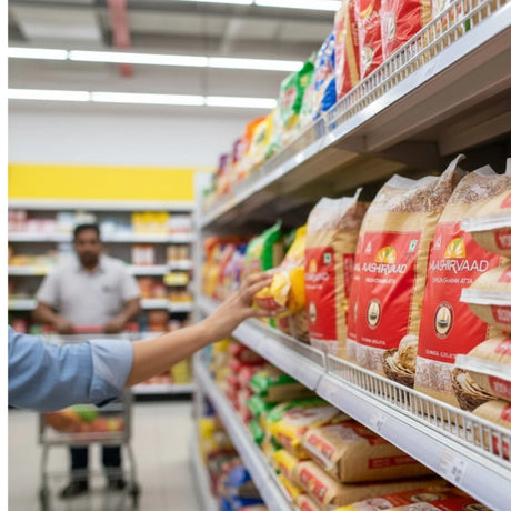 Person reaching for a package on a grocery store shelf with various products in the background.