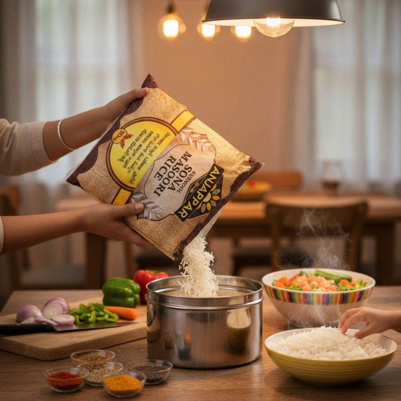 Person pouring rice from a bag into a pot on a kitchen counter with various ingredients.