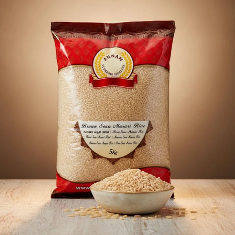 Bag of Annam Brown Sona Masoori Rice with a bowl of rice on a wooden surface.