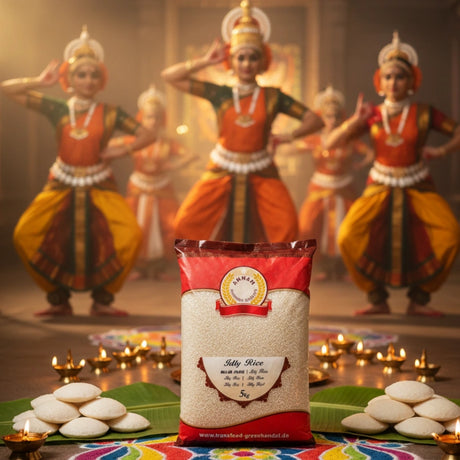 Package of rice with dancers in traditional attire in the background