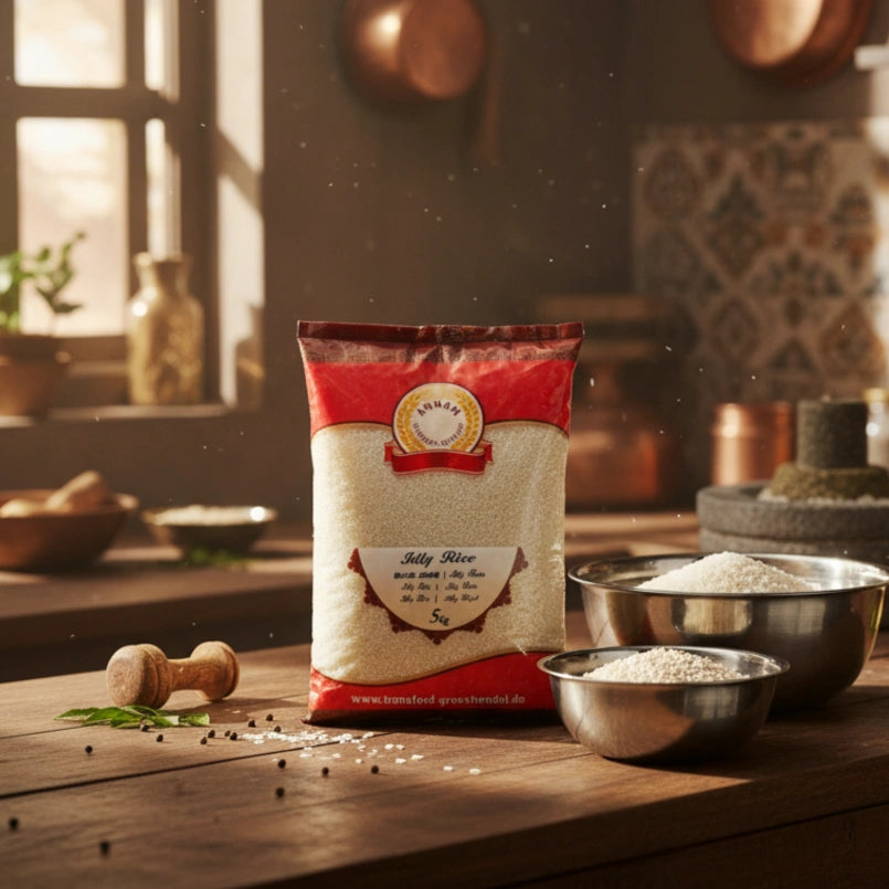 Bag of rice on a wooden table with kitchen utensils in the background