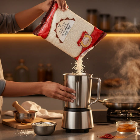 Person pouring rice from a bag into a metal grinder on a kitchen counter.