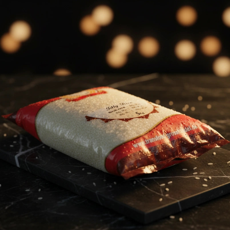 Red and white wrapped product on a dark surface with blurred lights in the background