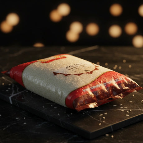 Red and white wrapped product on a dark surface with blurred lights in the background