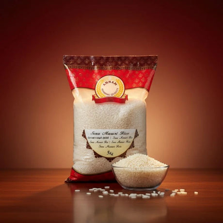 Bag of Sonam Masuri Rice with a bowl of rice on a wooden surface and brown background