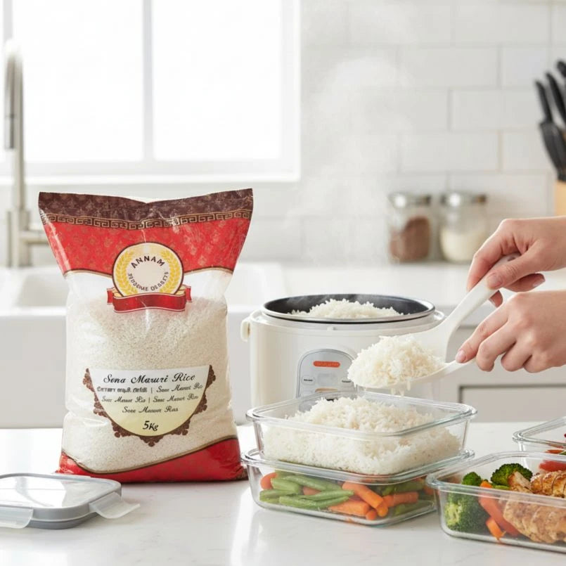 Person scooping rice from a bag into a rice cooker with containers of food on a kitchen counter.