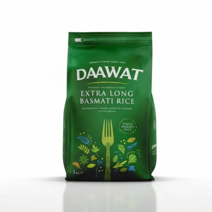 Green bag of Daawat Extra Long Basmati Rice on a white background