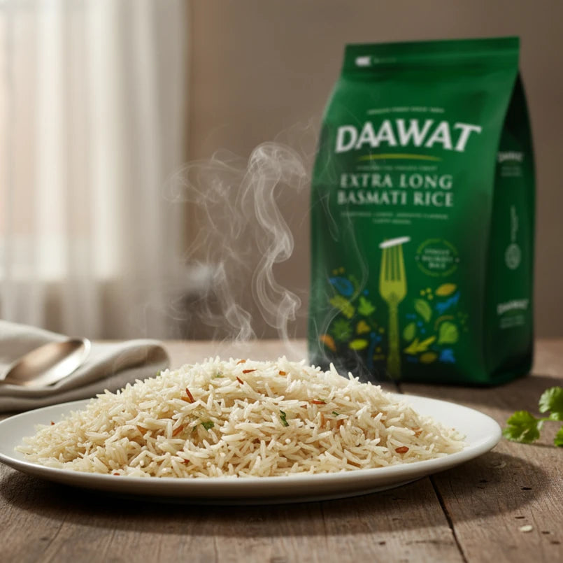 Steaming rice on a plate with a green DAAWAT rice bag in the background