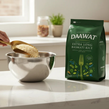 DAAWAT Extra Long Basmati Rice bag with a bowl of rice and a spoon in a kitchen setting