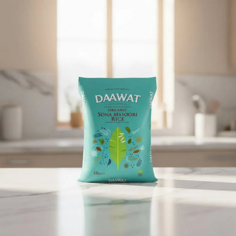 DAAWAT organic Sona Masoori Rice package on a kitchen counter