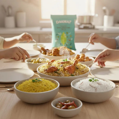 Dinner table with bowls of rice and food,DAIWAT packaging in the background