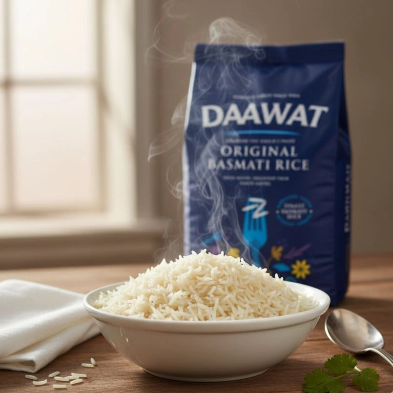 Bowl of steaming rice with a bag of DAAWAT Original Basmati Rice in the background.