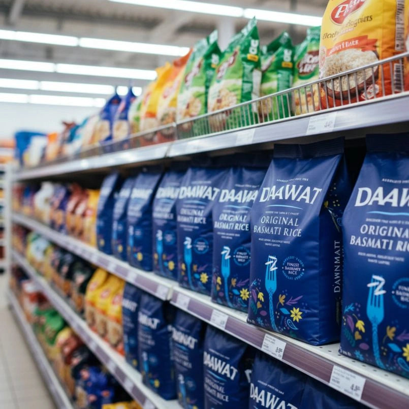 Supermarket shelf with various branded products including blue bags of DAAWA rice.