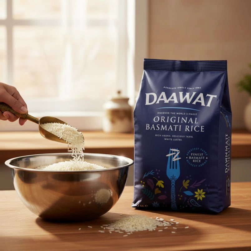DAAWAT Original Basmati Rice packaging with a hand scooping rice into a bowl.