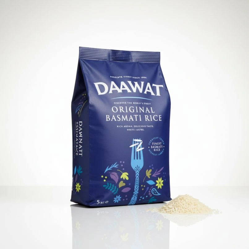 Bag of DAAWAT Original Basmati Rice on a white background