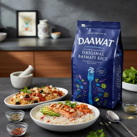 DAAWAT Original Basmati Rice packaging with a bowl of rice and salad on a kitchen counter.