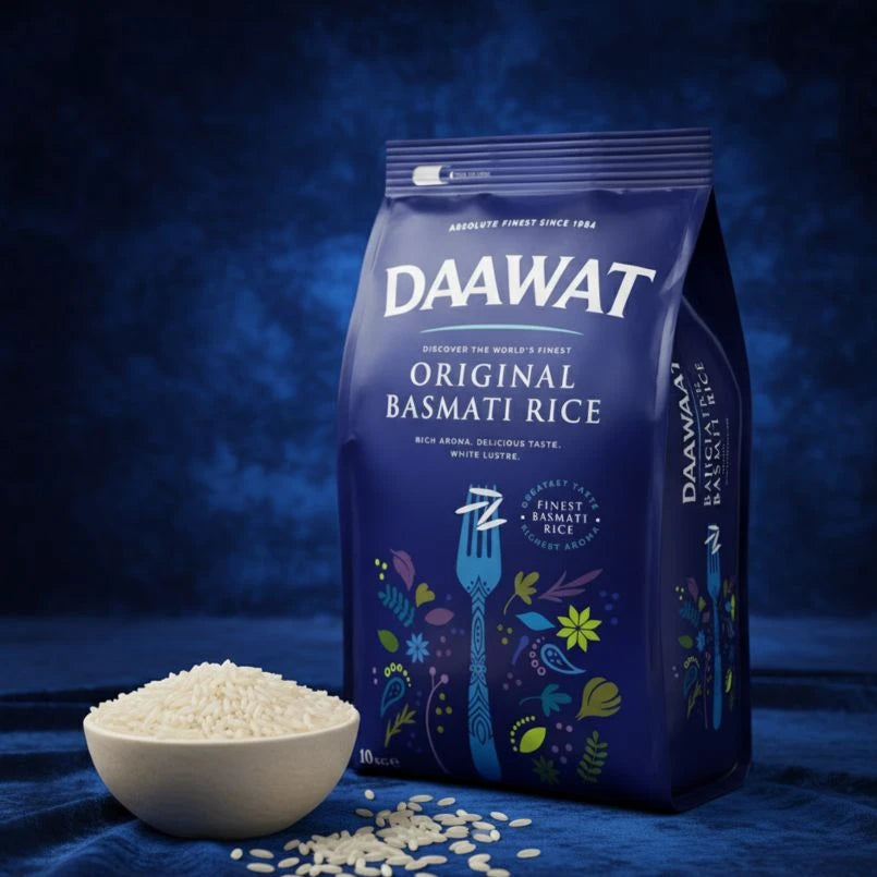 DAAWAT Original Basmati Rice package with a bowl of rice on a dark blue background