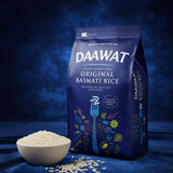 DAAWAT Original Basmati Rice package with a bowl of rice on a dark blue background