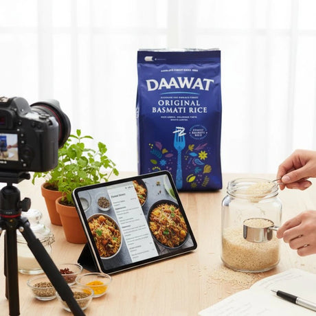 Person measuring rice with a jar, tablet showing recipes, and DAAWAT rice bag on a table.
