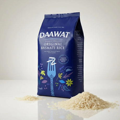 DAAWAT Original Basmati Rice packaging with rice on a white background