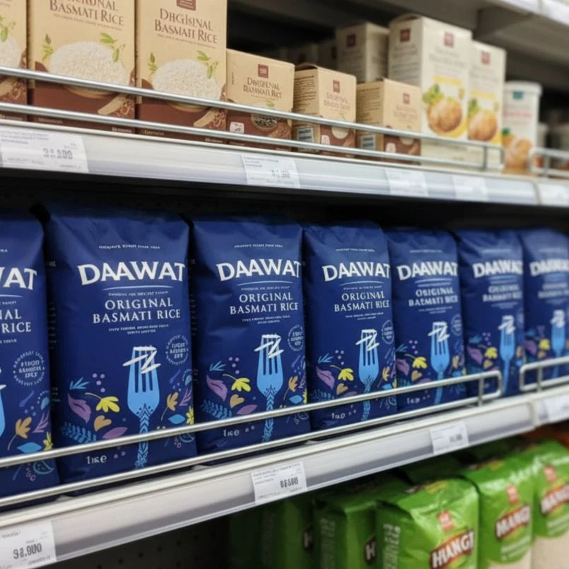 Shelf with blue packages of DAAWAT Original Basmati Rice and other branded products.