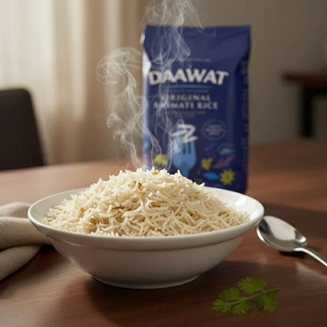 Steaming bowl of rice with a DAAWAT rice package in the background