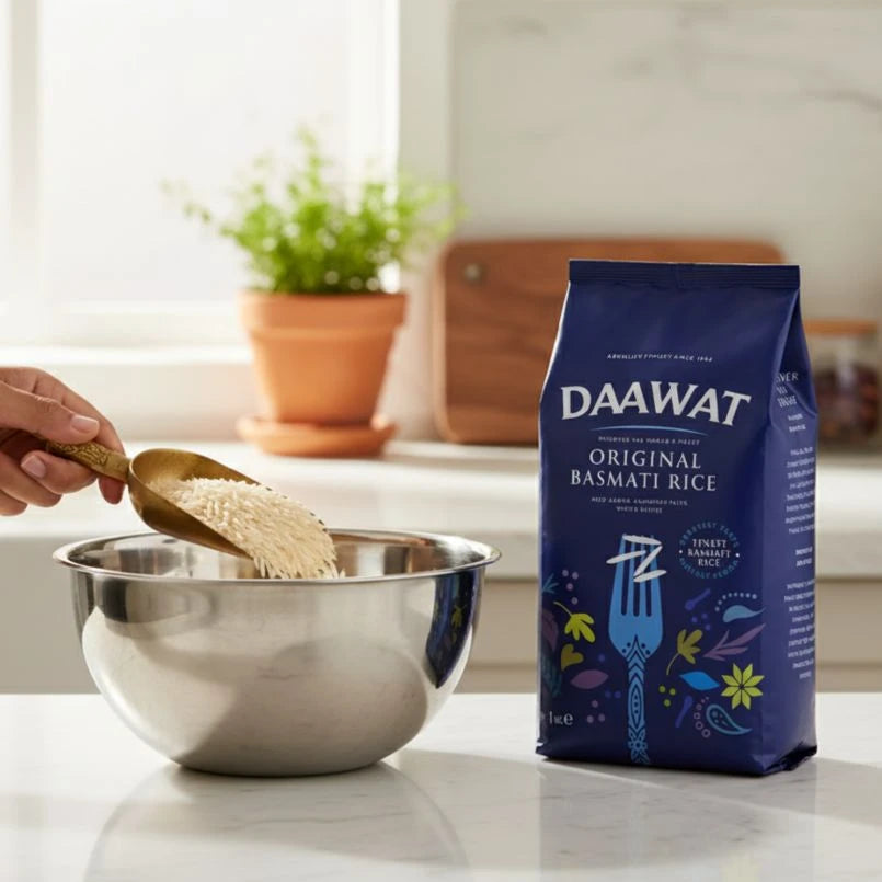 DAAWAT Original Basmati Rice bag with a bowl of rice and a spoon in a kitchen setting